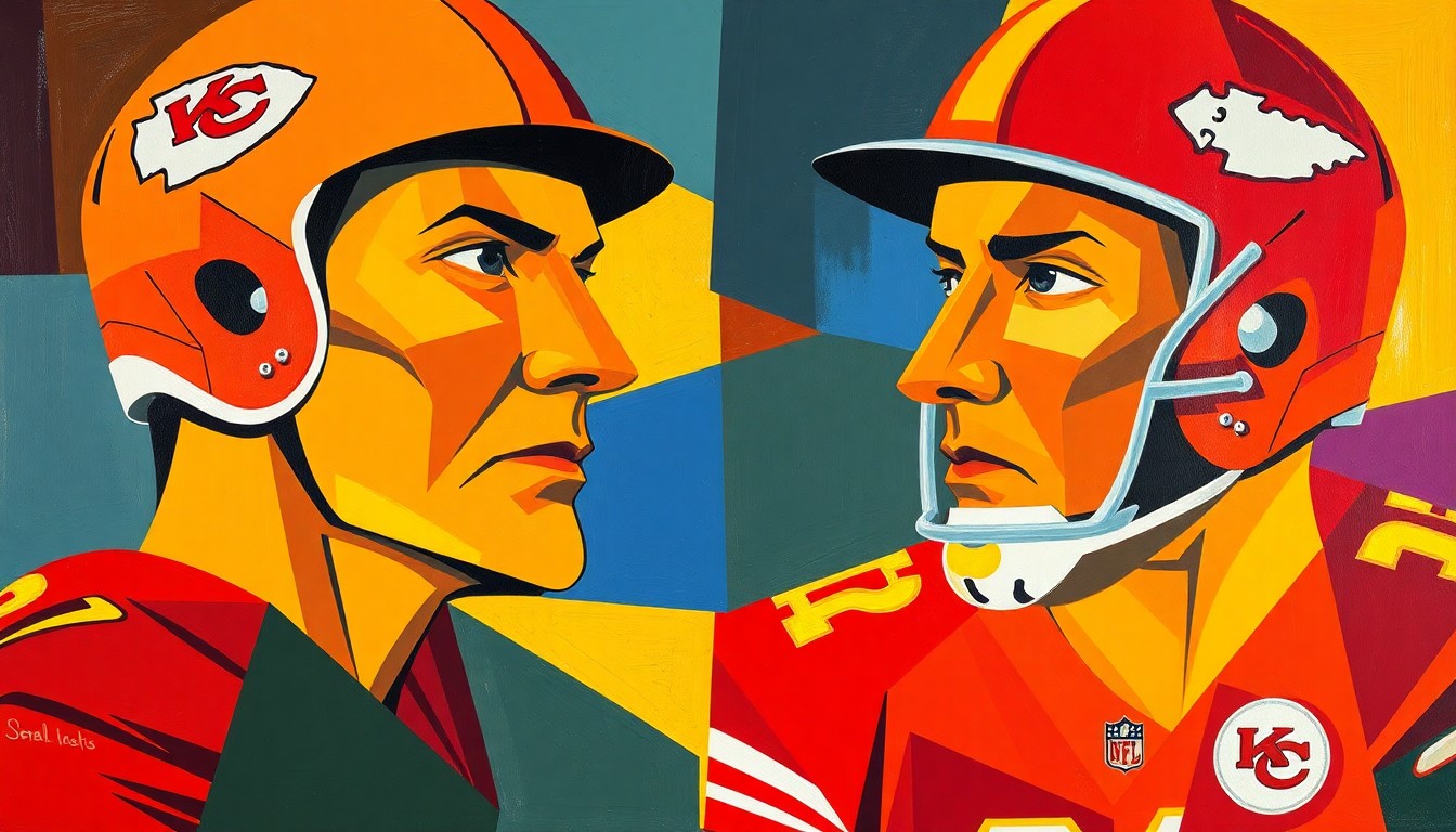 A heavily fragmented, cubist-style painting in vibrant reds, golds, and blacks, with sharp, overlapping geometric shapes and planes representing the difficult choices facing the Kansas City Chiefs' front office as they prepare for the 2023 NFL Draft.