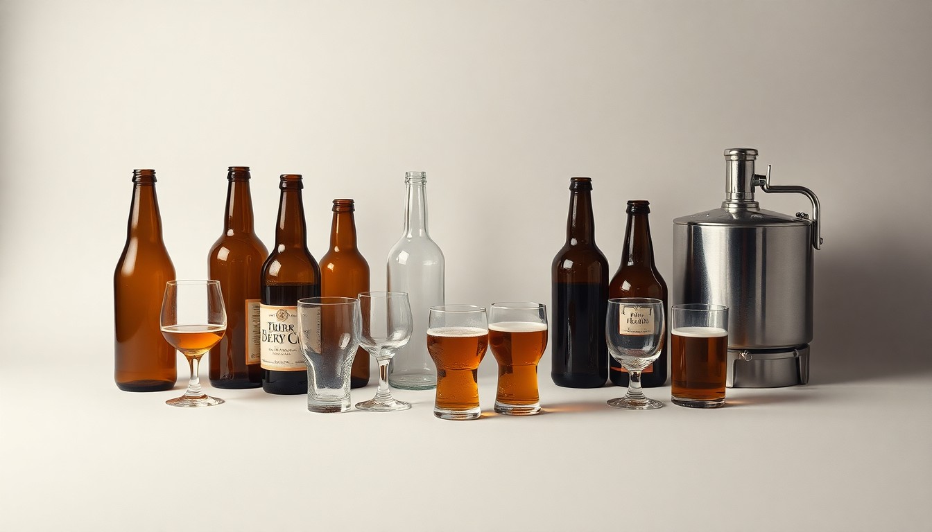 A minimalist studio still life featuring a collection of empty beer bottles, glasses, and brewing equipment arranged in a clean, elegant composition, conveying the abstract concepts of industry challenges and the bittersweet end of a local business.