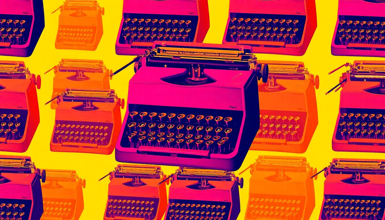 A highly stylized, silkscreen-inspired illustration featuring a vintage typewriter repeated in a grid pattern, rendered in a bold, neon color palette that captures the energy and creativity of a community-focused flea market.