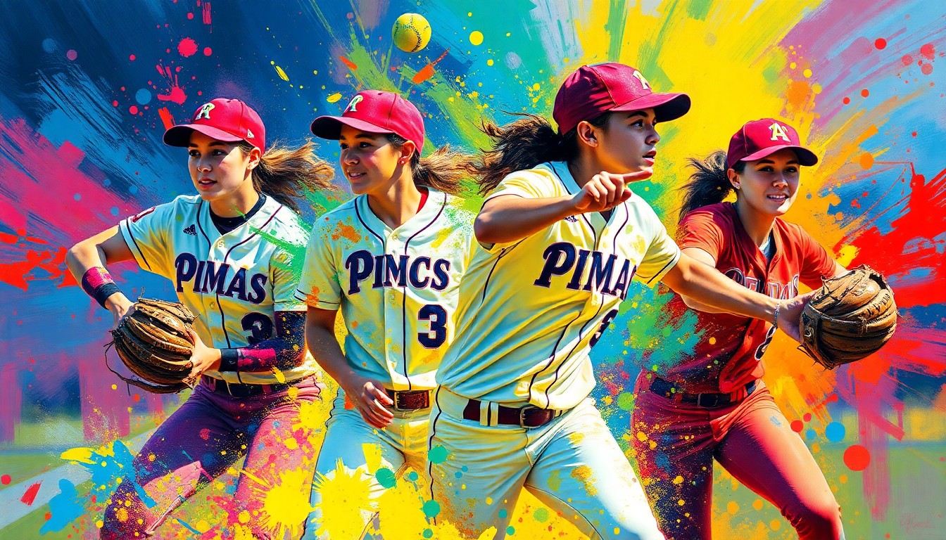 An abstract expressionist painting in vibrant neon colors, capturing the dynamic energy and motion of a softball game with players' forms dissolving into bold, gestural brushstrokes.