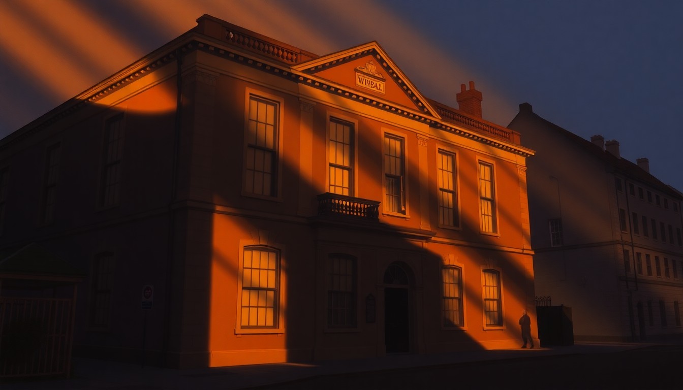 A realistic oil painting depicting the exterior of a municipal government building in warm, golden light, with deep shadows and a sense of quiet contemplation, conveying the stability and continuity of local politics.