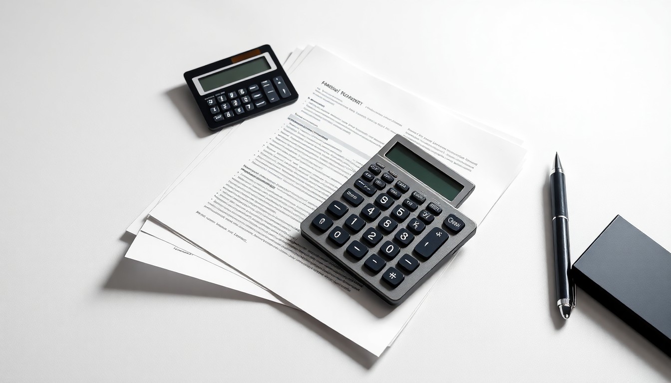 A photorealistic studio still life featuring a stack of financial documents, a calculator, and a pen arranged on a clean white background, conveying a sense of corporate strategy and financial risk.