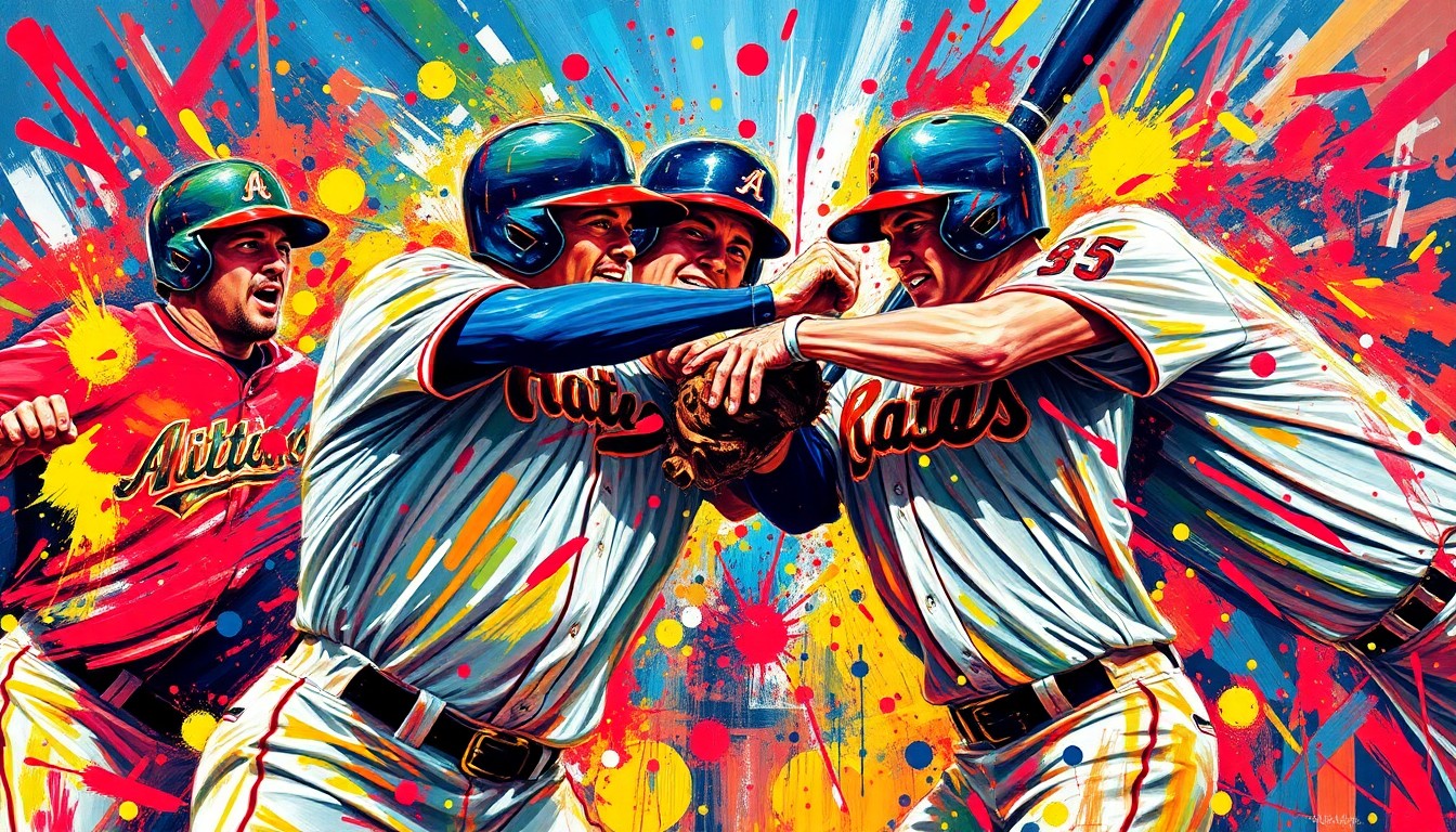An abstract, expressionist painting depicting the chaotic energy and physical collision of a baseball brawl, with players' forms dissolving into vibrant brushstrokes of neon colors.
