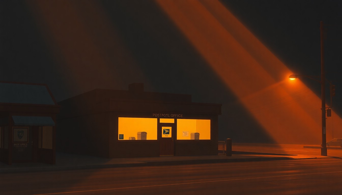A quiet, cinematic painting of a solitary post office building bathed in warm, diagonal sunlight and deep shadows, conceptually representing the community's efforts to reconsider how public spaces honor historical figures.