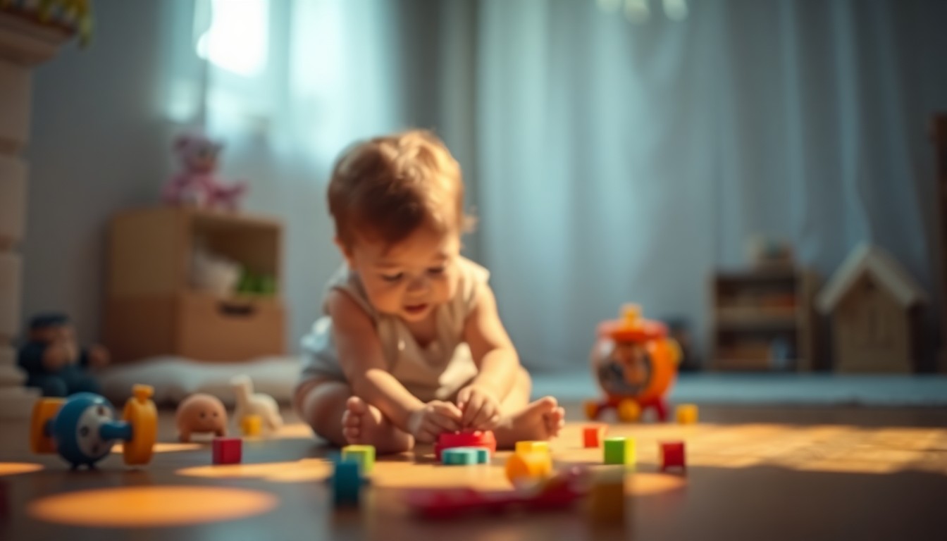 A softly focused, abstract photograph of a young child playing with toys, with warm pools of light and color creating a dreamlike, intimate atmosphere that captures the emotional toll of the child care crisis on families.