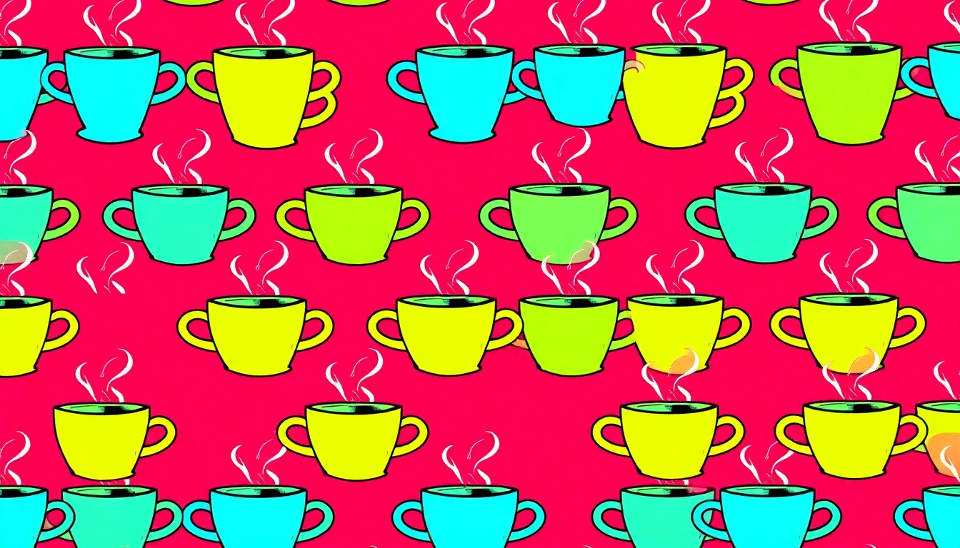 A brightly colored, high-contrast silkscreen print of a steaming coffee cup repeated in a tight grid pattern, capturing the lively atmosphere and community focus of the new Welcome Home Cafe.