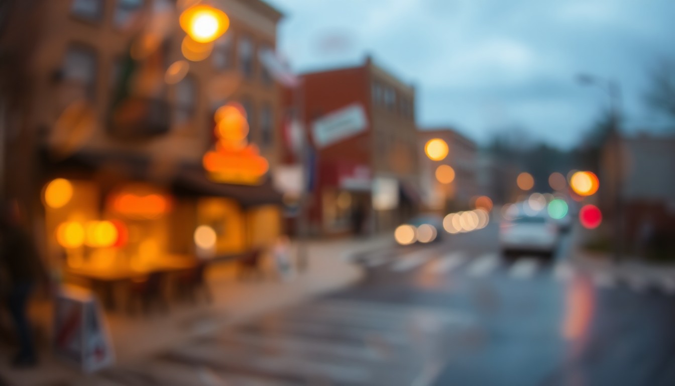 An impressionistic, blurred scene of warm, glowing lights and colors, evoking the comforting atmosphere of a small Midwest town.
