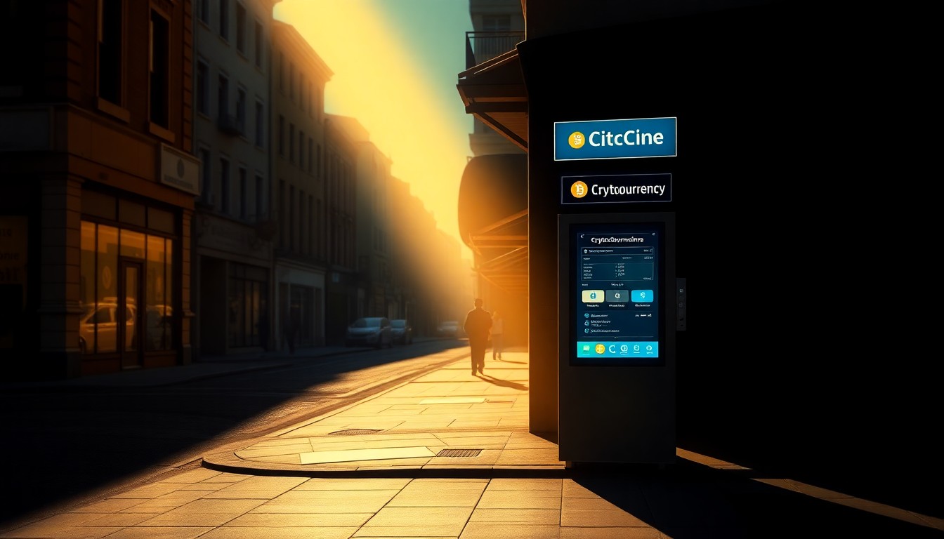 An extreme close-up of a solitary cryptocurrency kiosk machine standing alone on a dimly lit urban street corner, with warm sunlight and deep shadows creating a sense of quiet contemplation around the machine.