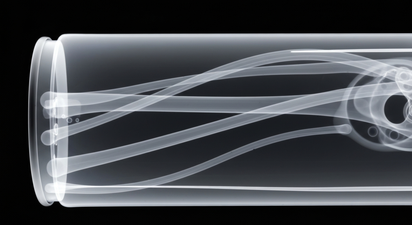 An extreme close-up X-ray photograph revealing the intricate internal structures of an energy drink can, with the contents glowing like ghostly lines against a dark background, conceptually illustrating the health concerns raised in this case.