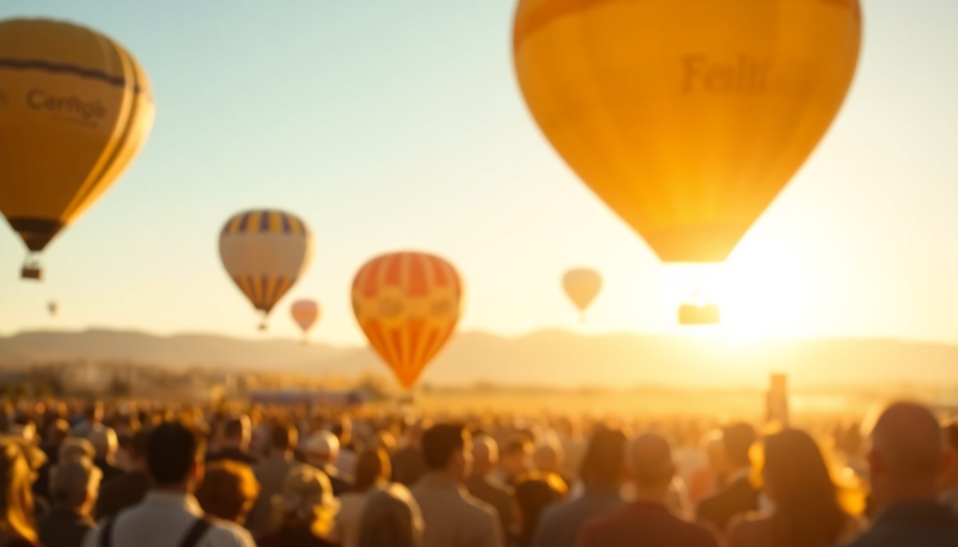 A dreamy, impressionistic photograph showing the blurred outlines of people gathered outdoors, with hot air balloons rising in the distance, conveying the celebratory atmosphere of the SIUE fundraising event.