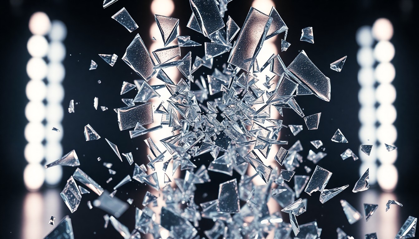 An abstract close-up photograph of shattered glass shards reflecting dramatic studio lighting, conveying a sense of fragility and the impact of the media on celebrity.