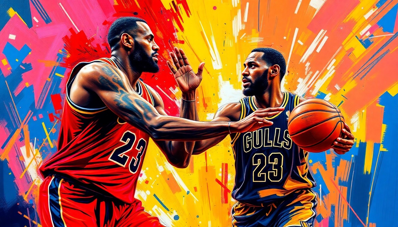 An abstract, expressionist painting using vibrant neon colors and rapid brushstrokes to capture the energy and motion of a father-son basketball play, representing the historic milestone of LeBron and Bronny James making NBA history.