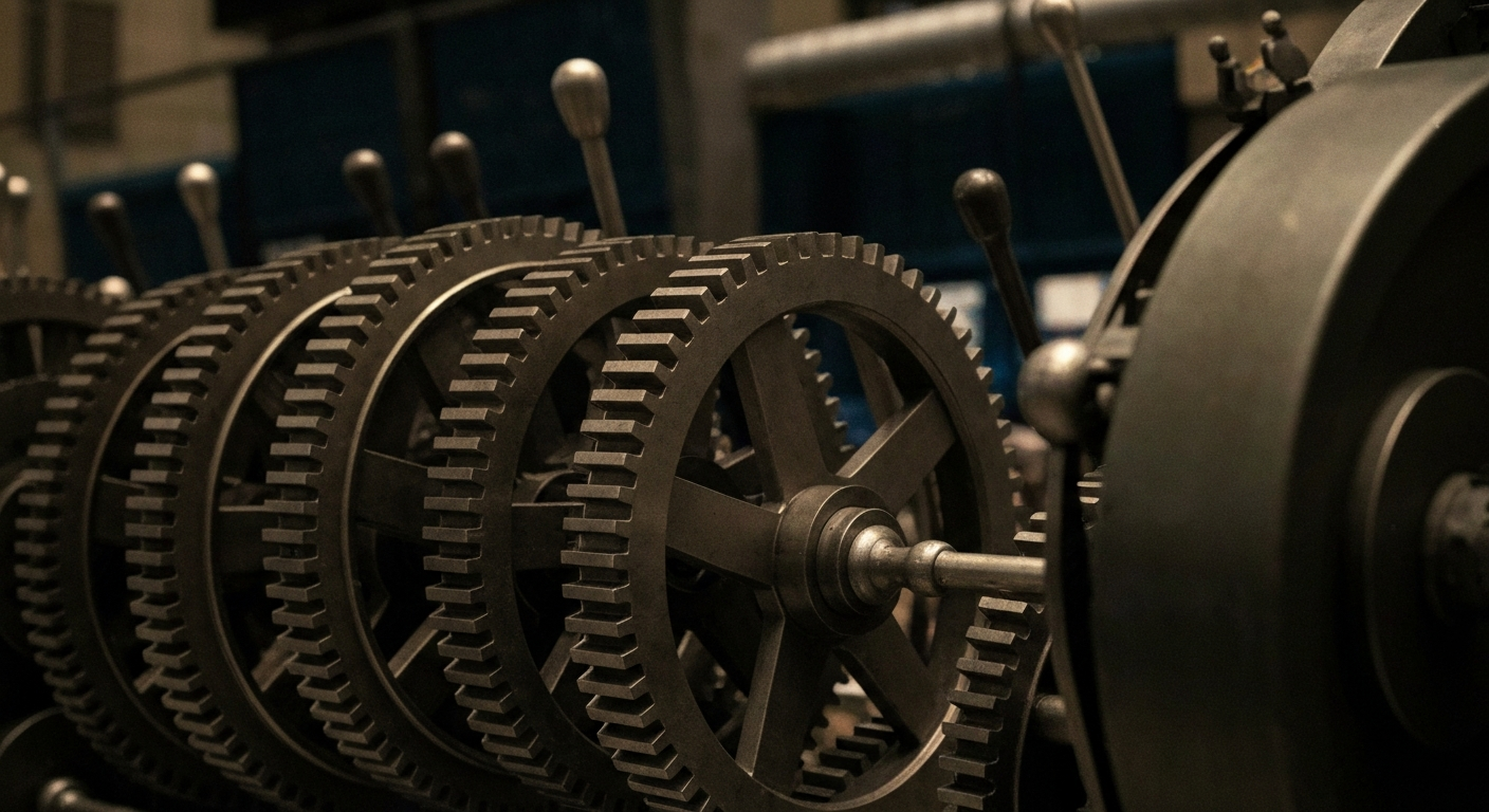 An extreme close-up of the intricate, industrial machinery and mechanisms that power the New York Stock Exchange, conveying the complex, high-stakes world of global finance.