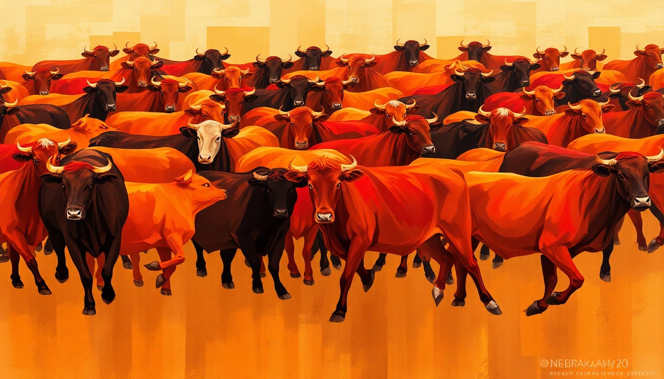 An abstract, fragmented painting depicting a herd of cattle in motion, with their forms repeated in overlapping, geometric patterns of earthy tones, conceptually representing the dynamic nature of Nebraska's cattle industry and the legislative debate surrounding its regulation.