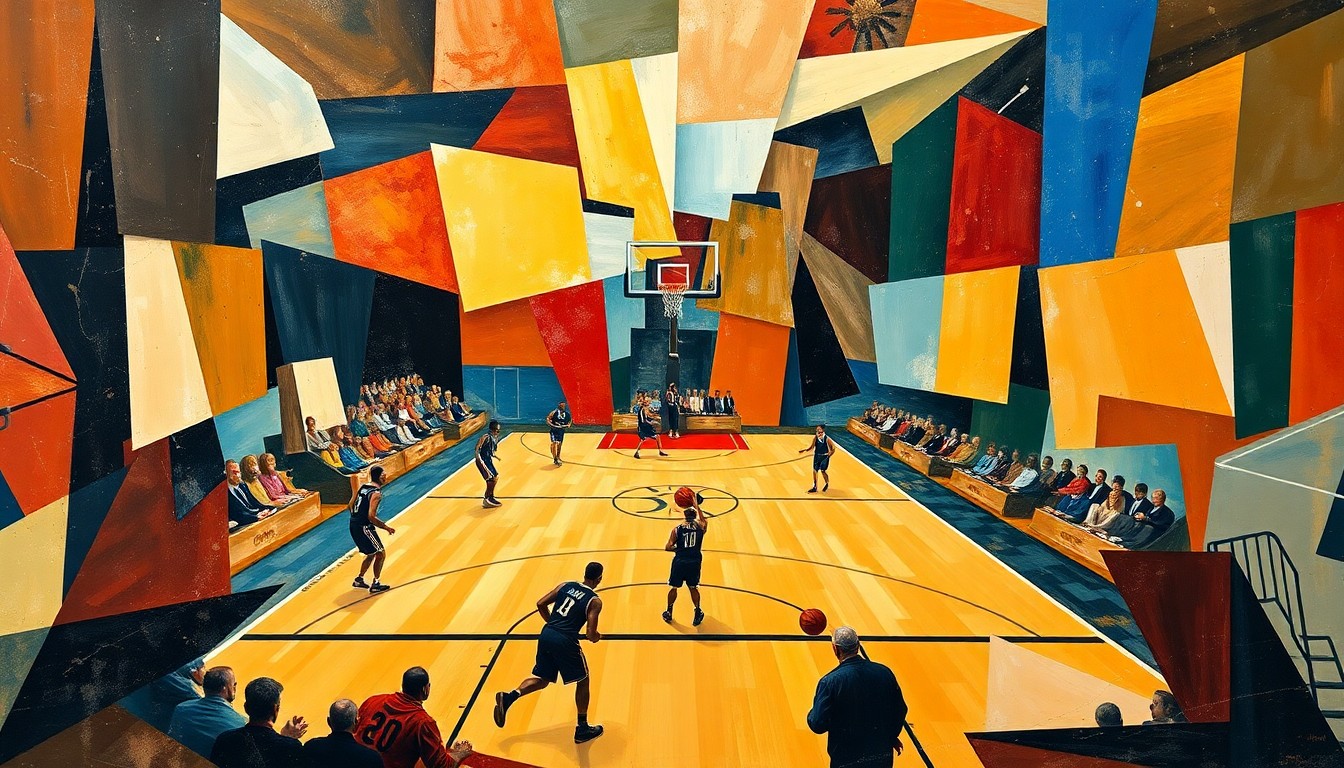 A fragmented, geometric painting depicting a basketball game in motion, with players and the court broken down into abstract shapes and planes of color, conveying a sense of strategic tension and energy.