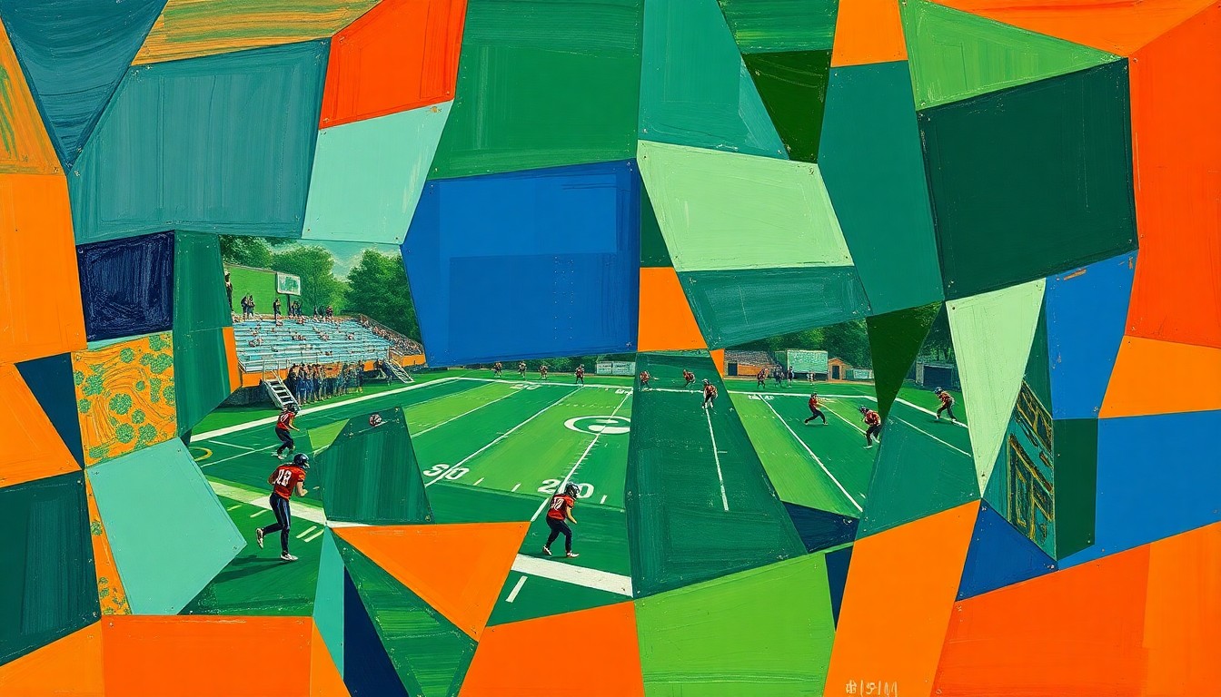 A fragmented, geometric painting depicting the chaotic action of a high school football game, with players and the field broken down into overlapping planes of navy, green, and orange.
