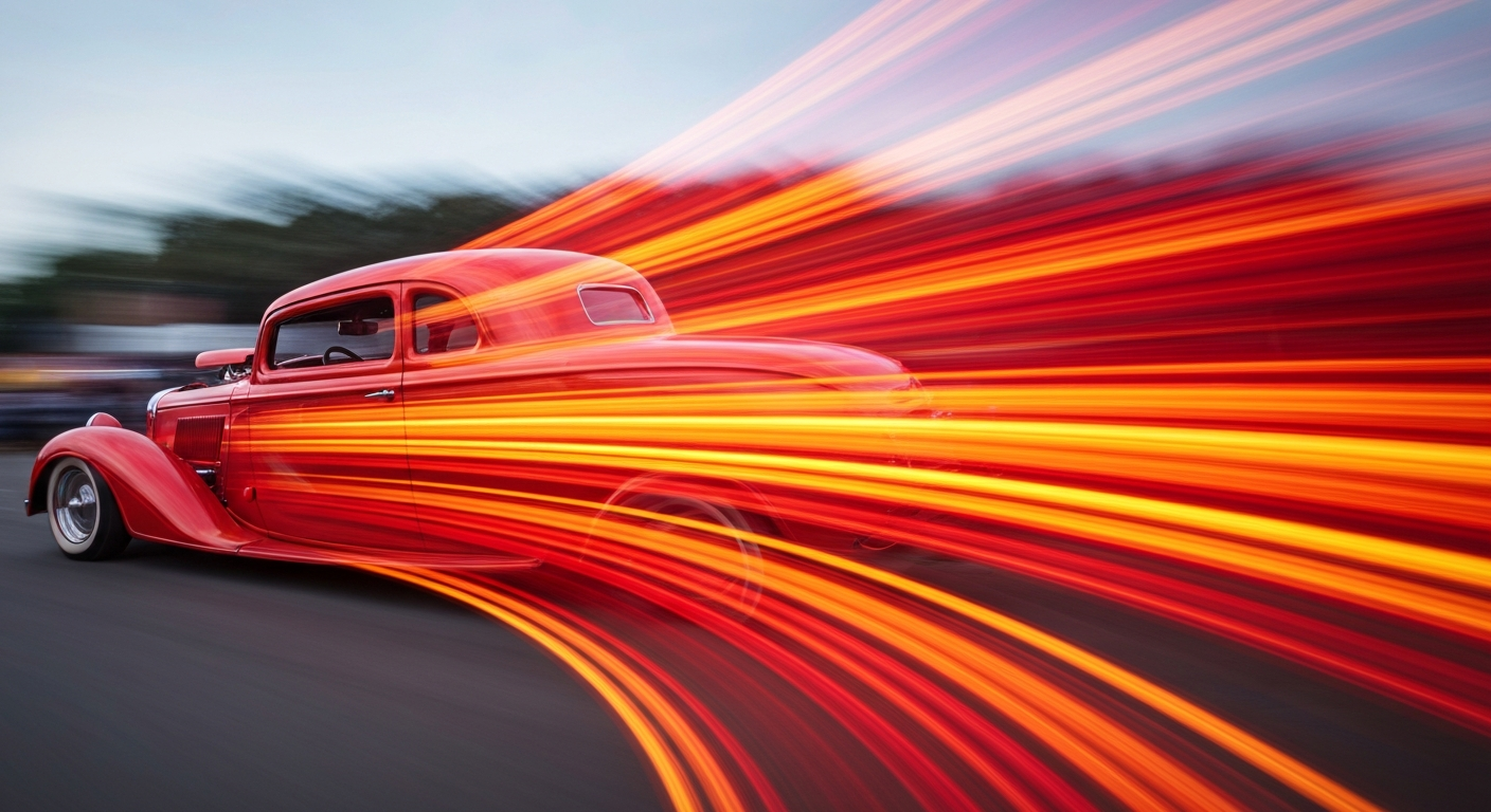 An abstract, sweeping color photograph capturing the motion and energy of a classic hot rod car at a car show, with the vehicle transformed into streaks of vibrant red, orange, and yellow paint.
