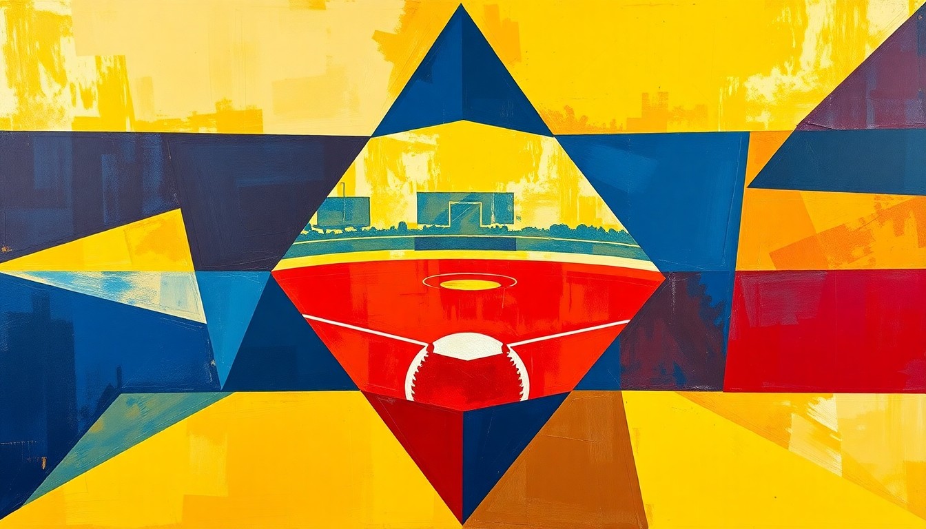 A cubist, fragmented painting in navy, red, and yellow hues depicting the chaotic aftermath of a college softball team's bus accident, without any identifiable elements.