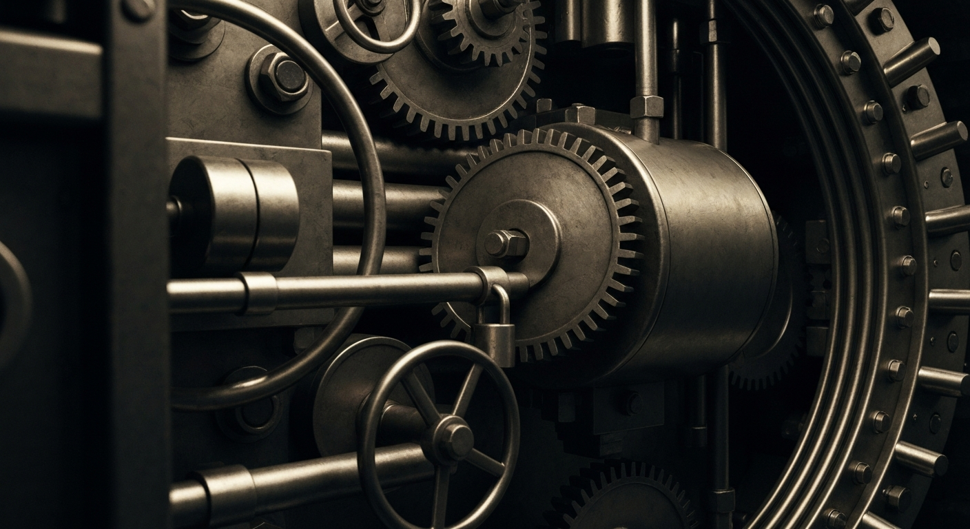 An extreme close-up of the heavy, industrial mechanisms and components that make up the secure inner workings of a bank vault, conveying the tangible financial security and institutional strength of the banking sector.