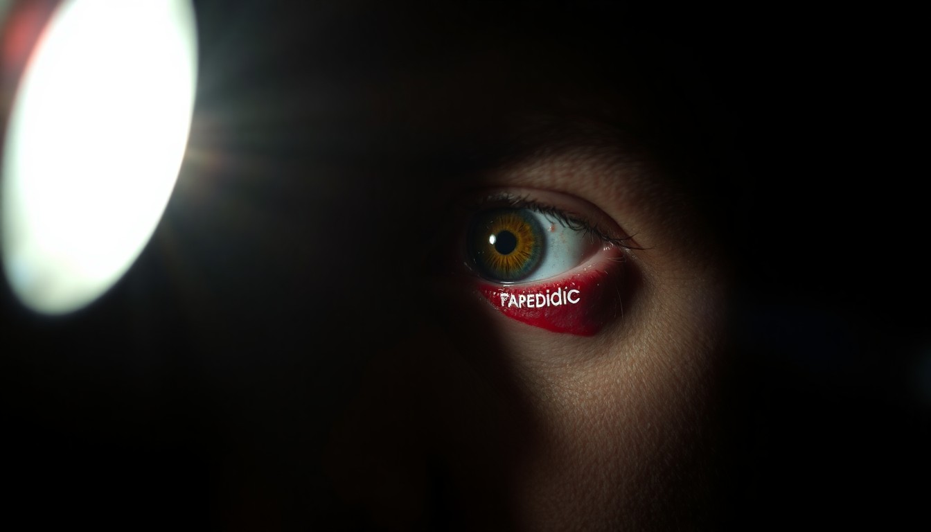 An extreme close-up photograph of a bruised and swollen eye, conceptually illustrating the violence faced by a paramedic during an emergency response.