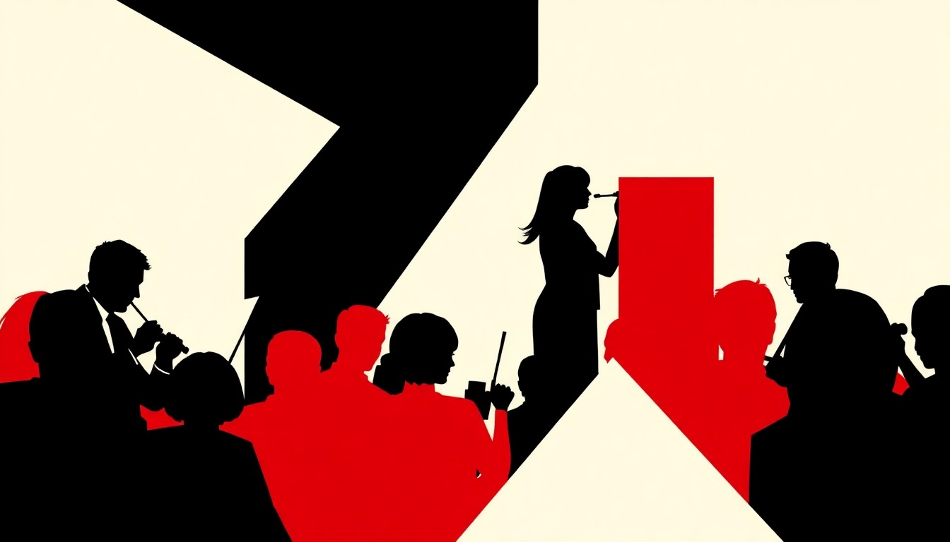 A bold, abstract illustration featuring stark, geometric shapes and silhouettes in high-contrast colors, conceptually representing the inclusive and welcoming spirit of the Missouri Philharmonic Orchestra's 'American Soundscapes' concert.