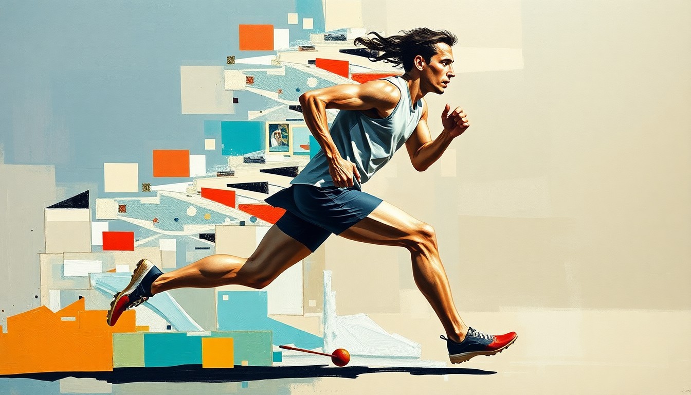 A fractured, geometric painting depicting a runner in motion, with the figure broken down into sharp, overlapping planes that convey a sense of dynamic movement and athletic prowess.