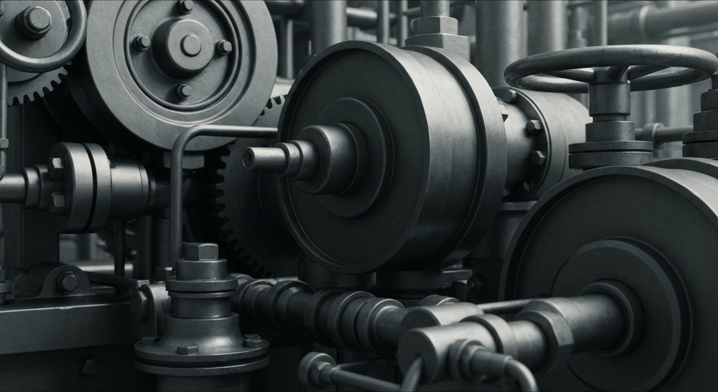 An extreme close-up of the heavy, industrial machinery and components that power Johnson & Johnson's global healthcare operations, rendered in a high-contrast, documentary-style visual metaphor for the company's financial security and institutional strength.