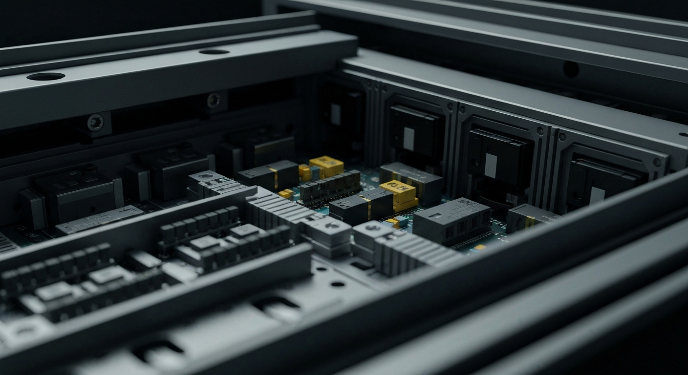 An extreme close-up of the intricate, metallic components and circuitry inside a high-tech optical networking device, conveying the complex engineering and manufacturing behind Lumentum's products.