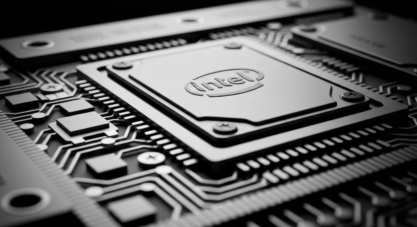 A high-contrast, close-up image of the intricate gears and mechanisms of an Intel computer processor, conveying the power and complexity of the company's core technology.