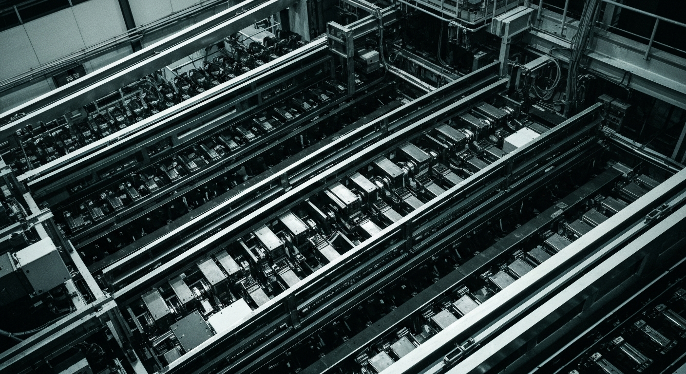 A close-up view of the intricate, industrial machinery and components used in the production of advanced semiconductor chips, captured in a high-contrast, cinematic style that emphasizes the scale and complexity of modern microelectronics manufacturing.