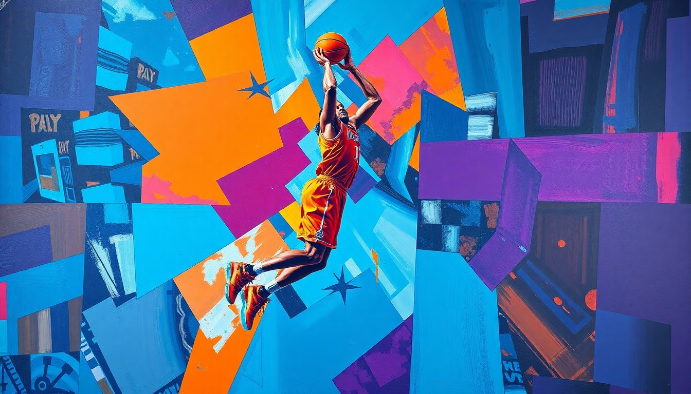 A fractured, cubist-style painting depicting the geometric forms and movement of a basketball player, with sharp, overlapping planes of color representing the fluidity and energy of the sport.