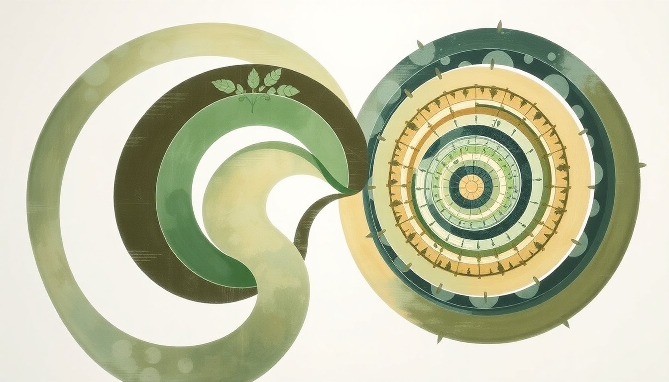 A highly structured abstract painting in muted earth tones, featuring sweeping geometric arcs, concentric circular patterns, and precise botanical spirals, conceptually representing the complex systems and forces involved in the ReuseME program's efforts to cut down on disposable food waste and plastic pollution.