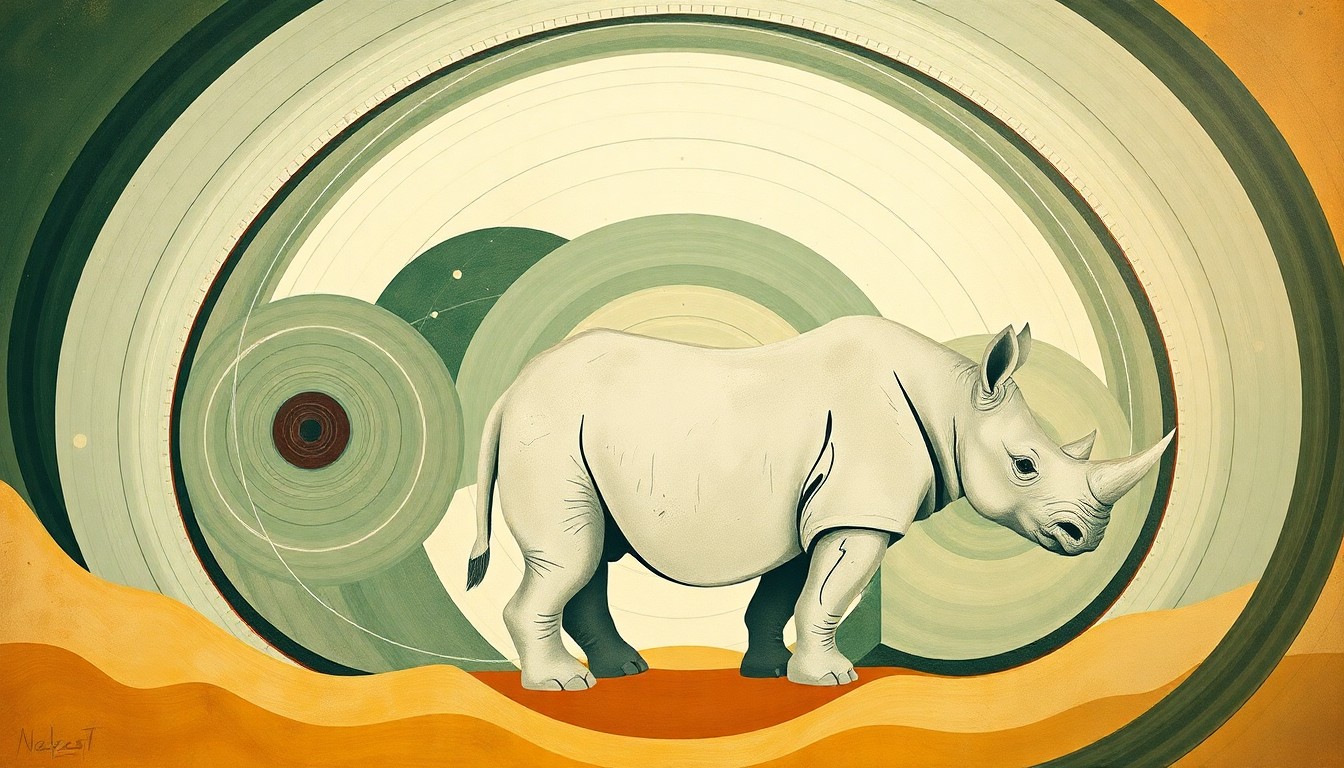 A bold, abstract painting in the style of Hilma af Klint, featuring sweeping geometric shapes and organic botanical forms in earthy tones, conceptually representing the complex natural forces behind the successful breeding and conservation of southern white rhinos.