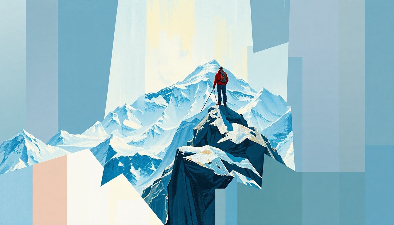 A fractured, multi-perspective painting depicting the iconic image of a mountaineer standing atop a snowy peak, broken down into sharp, overlapping geometric planes in vibrant colors, conveying the daring and spiritual essence of Jim Whittaker's historic 1963 ascent of Mount Everest.