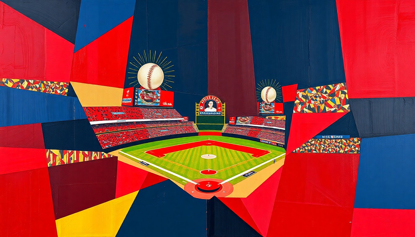 A fragmented, cubist-style painting depicting the dynamic action of a baseball game, with sharp geometric shapes and planes of vibrant team colors representing the energy and intensity of the matchup.