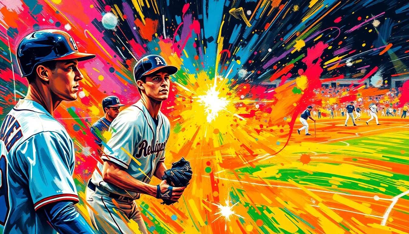 An abstract, energetic painting in neon colors depicting the dynamic motion and intensity of a college baseball game, with players' forms dissolving into expressive brushstrokes.