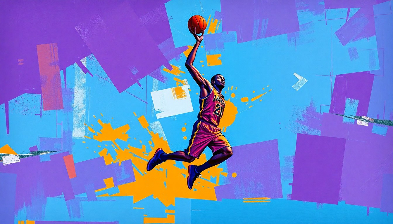 A fragmented, cubist-style painting depicting the silhouette of a basketball player in motion, broken down into sharp, overlapping geometric shapes in vibrant colors.