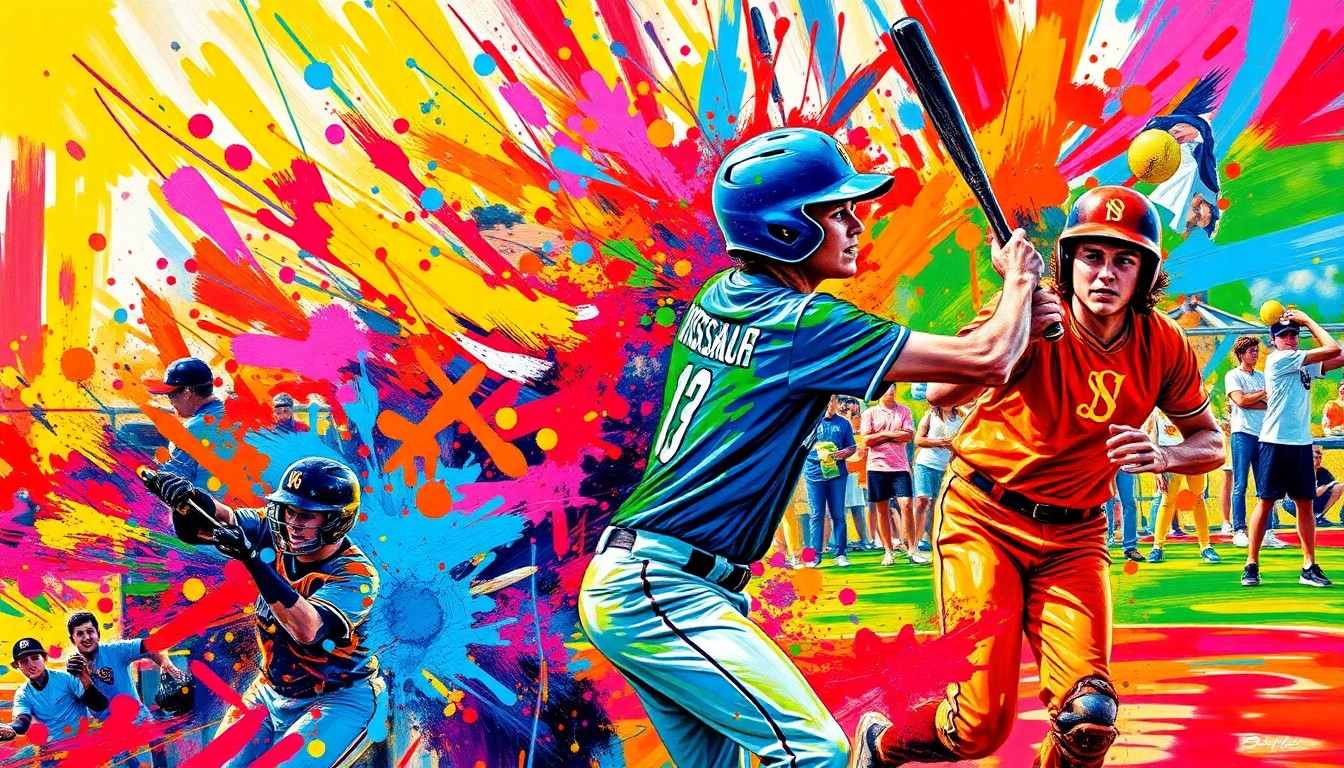 An abstract, energetic painting in neon colors depicting the dynamic motion and raw athleticism of a high school softball game, with players' forms breaking down into expressive brushstrokes.