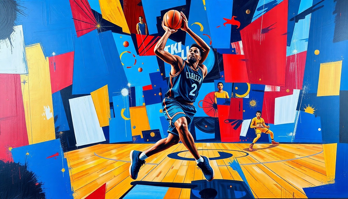 A cubist, geometric painting depicting the fragmented movements and energy of a basketball player on the court, rendered in a vibrant color palette of blues, reds, and golds.