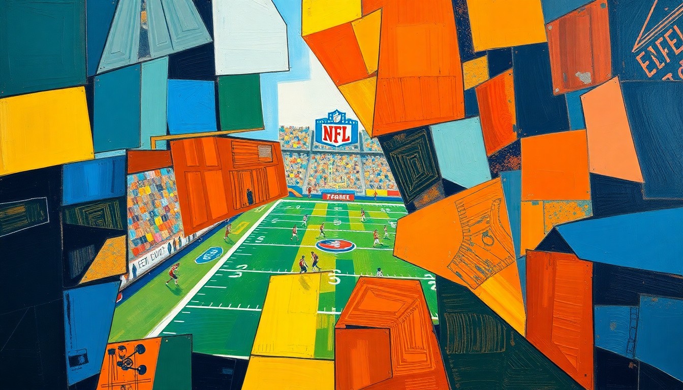 A cubist, geometric painting featuring overlapping planes of navy, green, and orange, conceptually representing the unpredictability and shifting dynamics of the 2026 NFL Draft.