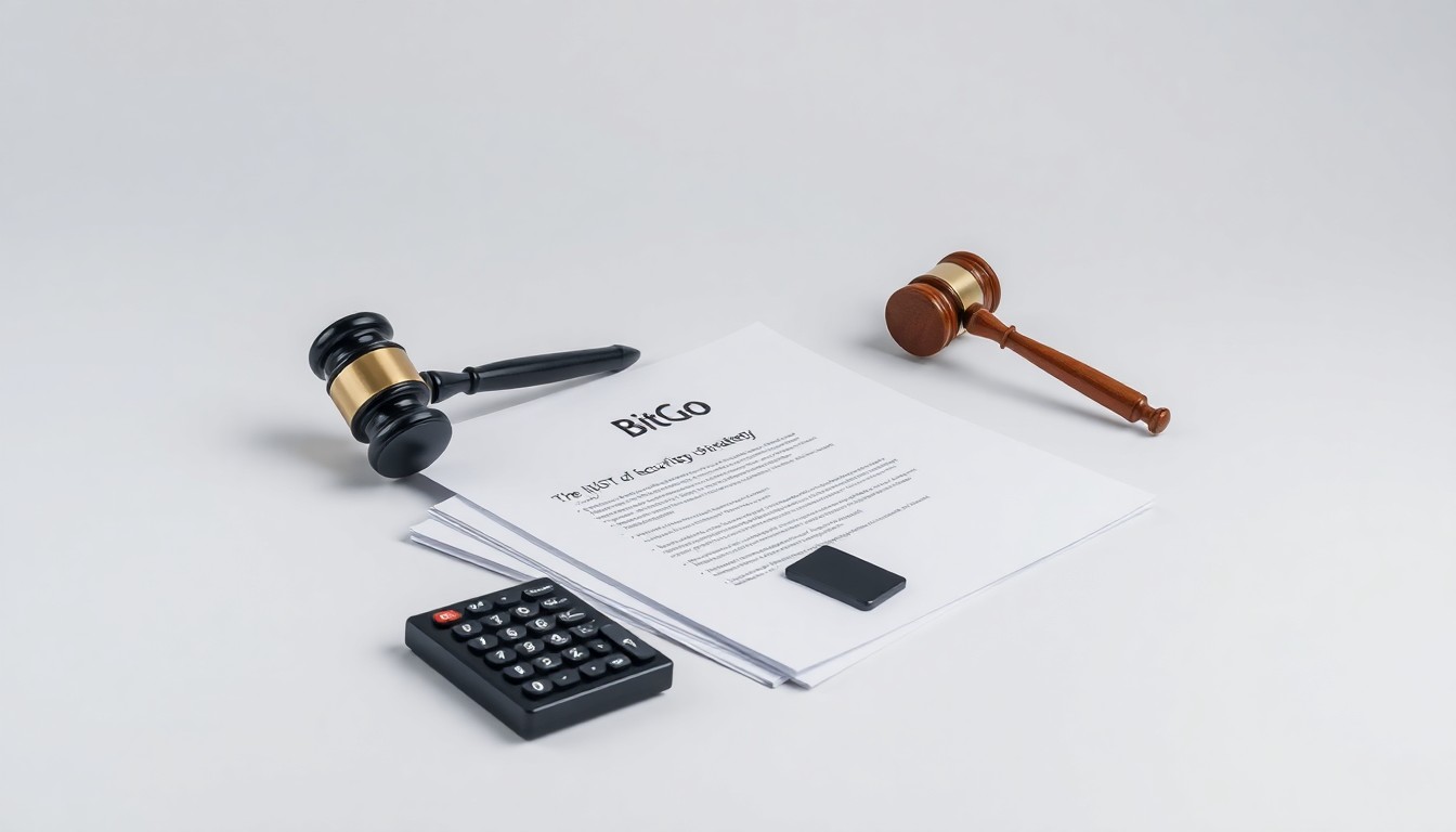 A high-end, photorealistic studio still-life photograph featuring a stack of legal documents, a calculator, and a gavel on a clean, monochromatic background, conceptually representing the abstract corporate strategy and legal issues surrounding the BitGo IPO and potential securities violations.