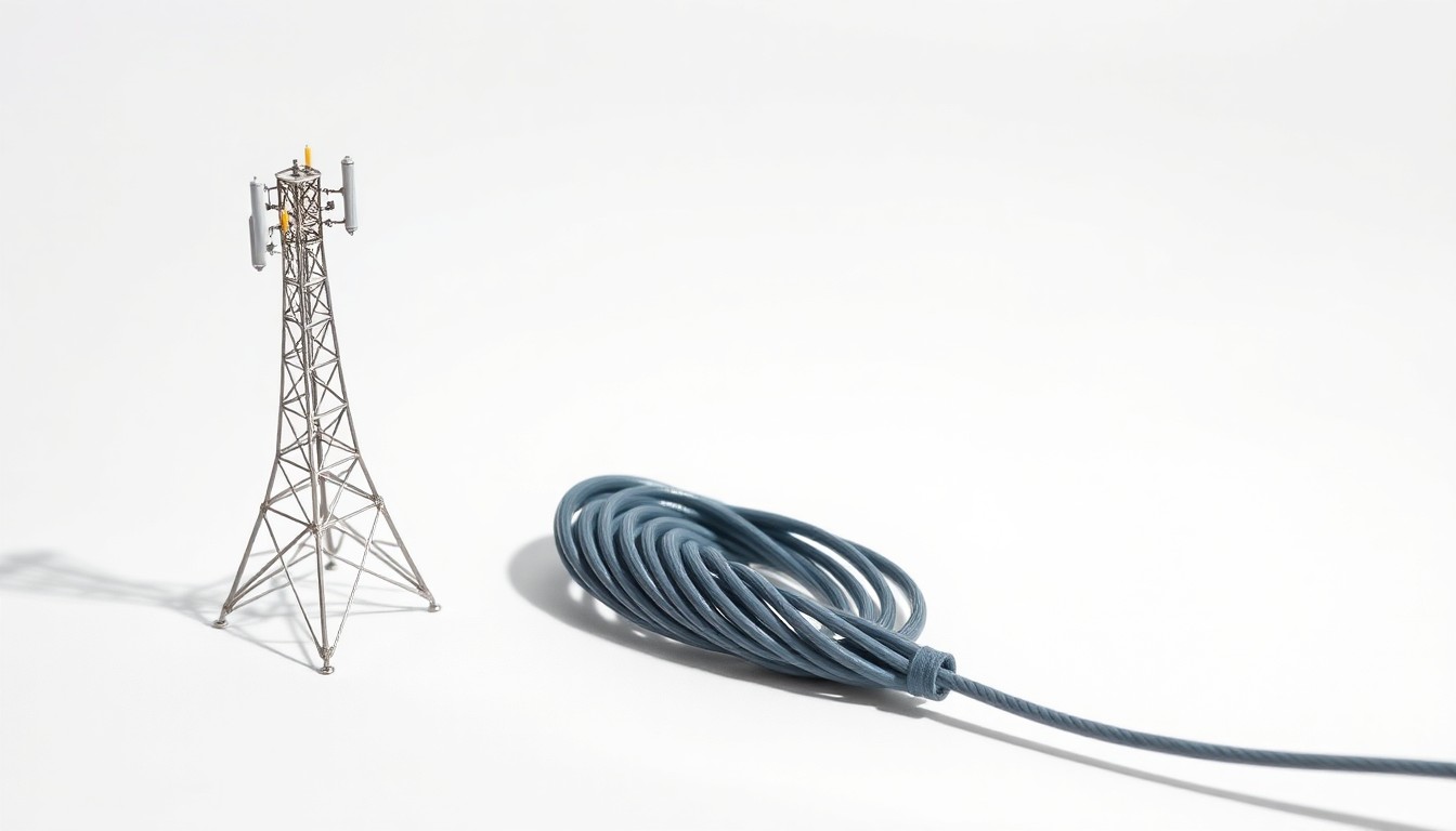 A high-end, photorealistic studio still-life photograph featuring a polished, geometric metal cell tower model and a coiled fiber optic cable, both resting on a clean white seamless background and dramatically lit to represent the abstract concepts of telecommunications infrastructure and connectivity.