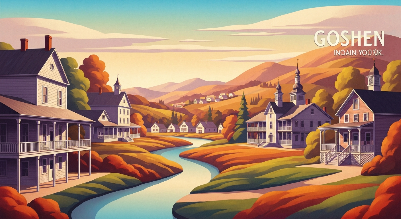 A highly stylized, geometric illustration depicting the grand scale and architectural elements of Goshen, New York, with sweeping gradients and streamlined forms conveying the village's sense of community and relaxed atmosphere.