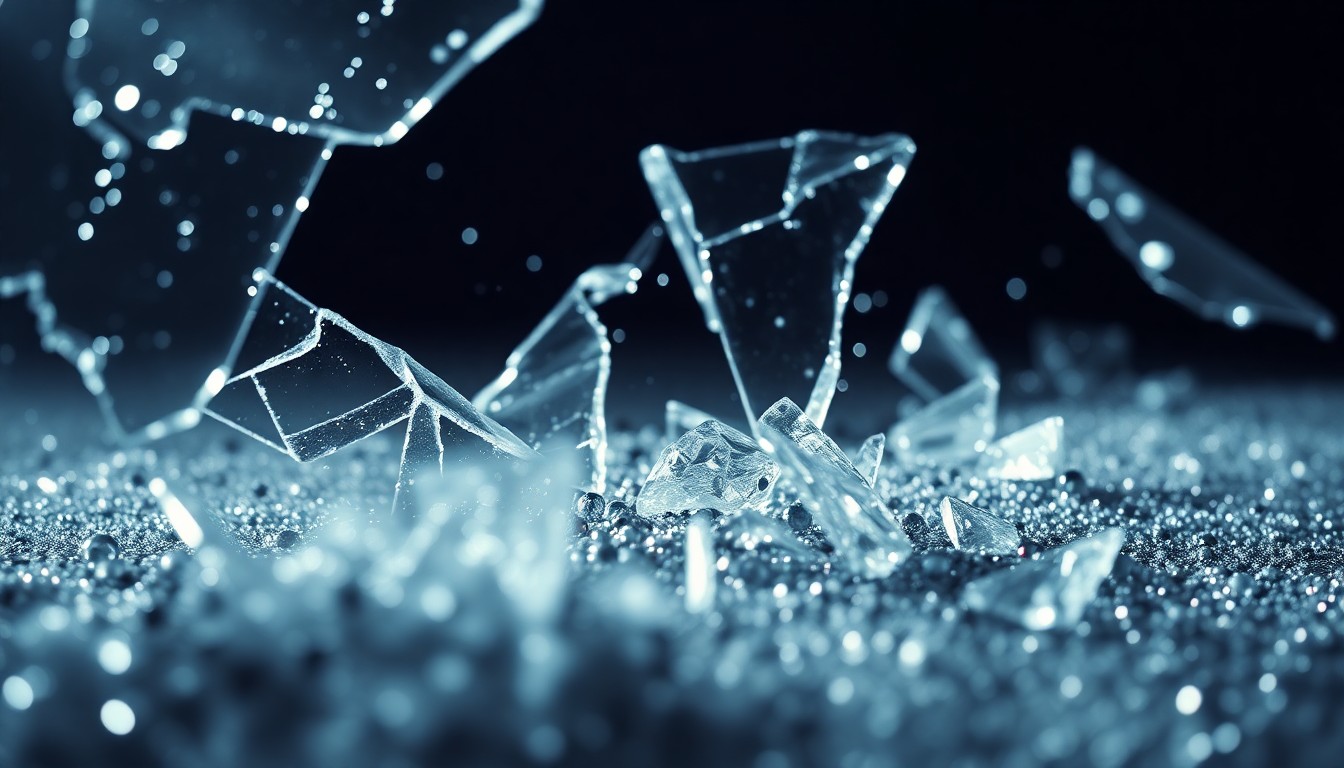 An abstract close-up image of shattered glass and glittering sequins, captured in dramatic high-contrast studio lighting to evoke the fragility and glamour of celebrity culture.