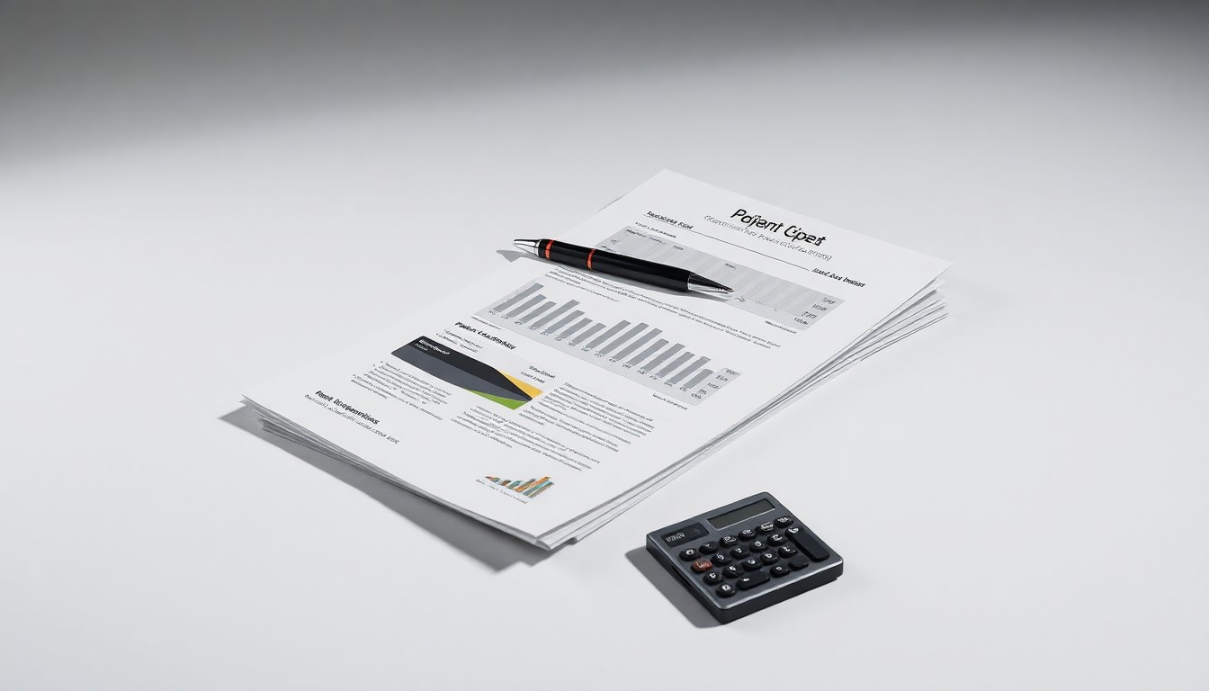 A photorealistic studio shot of a stack of financial reports, a pen, and a calculator arranged on a clean, monochromatic background, conceptually representing the abstract challenges of corporate finance and strategy.