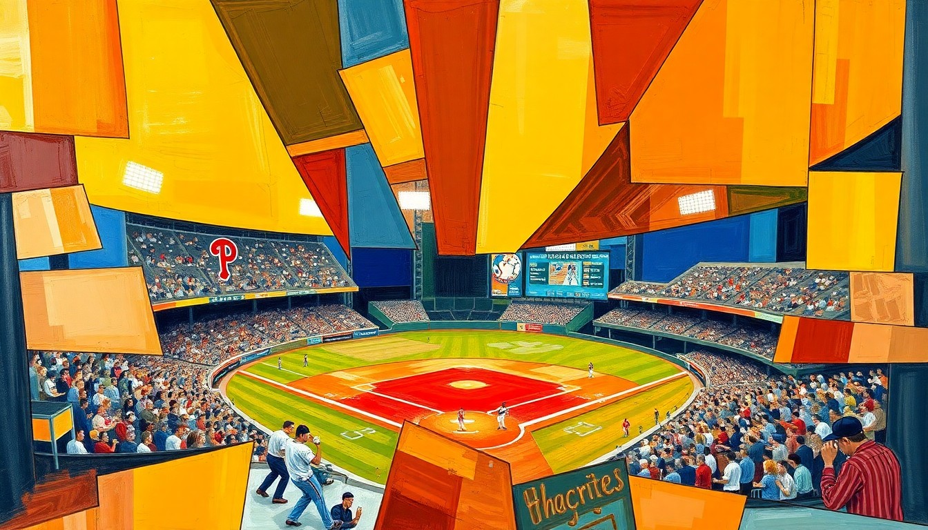 A cubist, geometric painting depicting a baseball game in motion, with overlapping shapes and planes representing the players, field, and stadium in an abstract, deconstructed style.