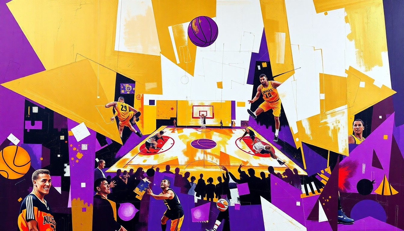 A dynamic, cubist-style painting depicting a fragmented, multi-angled view of a basketball game, with sharp geometric shapes and planes in vibrant colors representing the energy and intensity of the sport.
