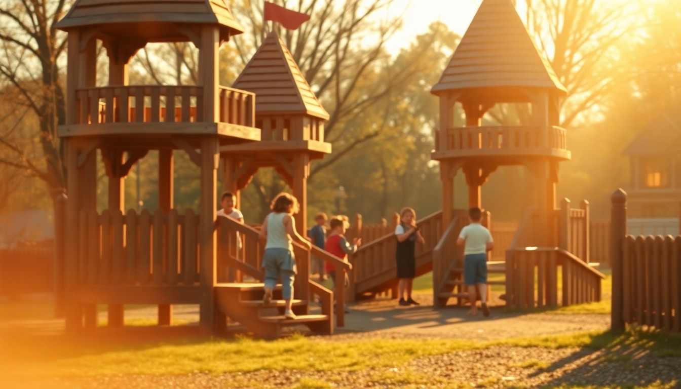 An abstract, impressionistic photograph of children playing on wooden castle structures at a community park, with soft, warm pools of light and color creating a dreamlike, atmospheric quality.