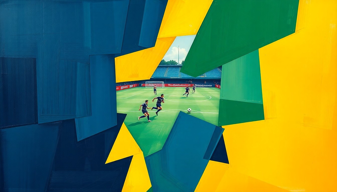 A cubist, geometric painting depicting a fragmented college soccer match, with sharp planes of navy, green, and gold overlapping to create a dynamic, multi-angled visual representation of the sport.