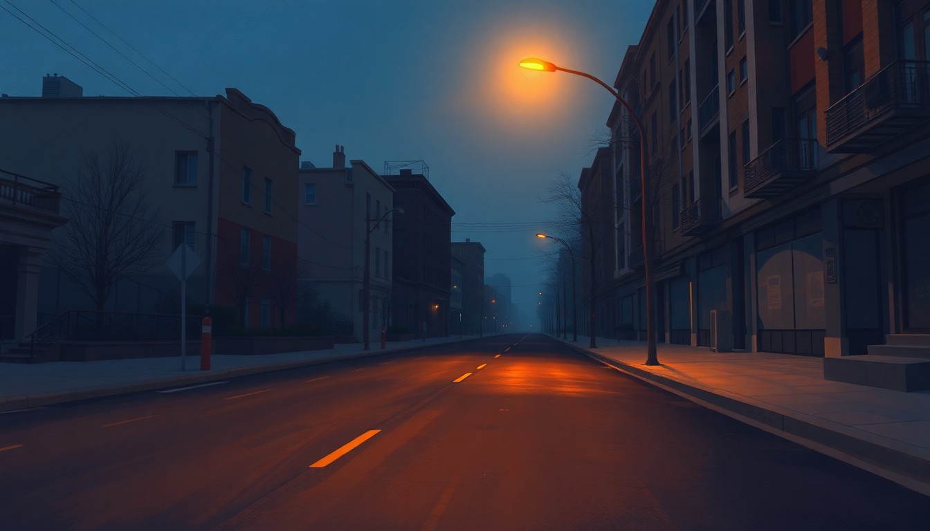 A dimly lit urban street scene with long shadows cast by a single streetlight, conveying a sense of quiet contemplation about the role of public financing in shaping a city's development.
